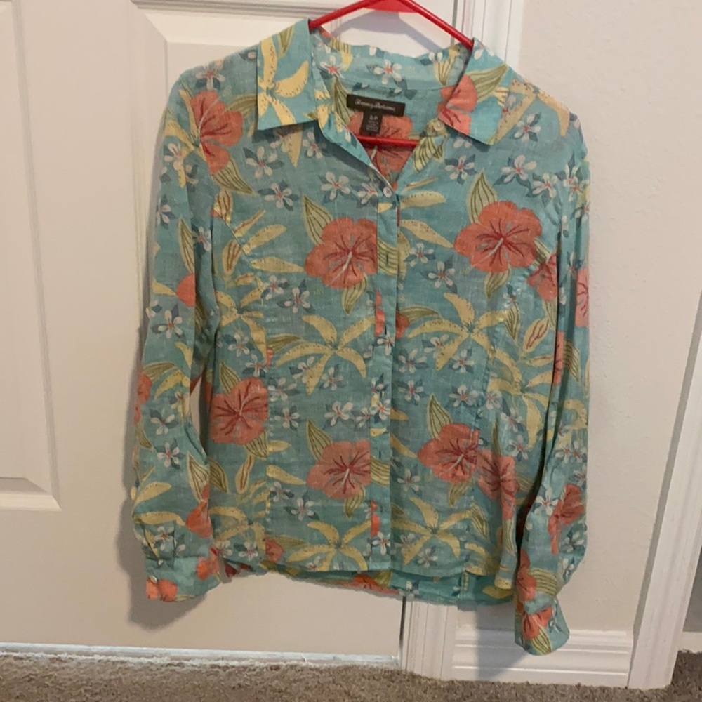 Tommy Bahama floral linen blouse size Small